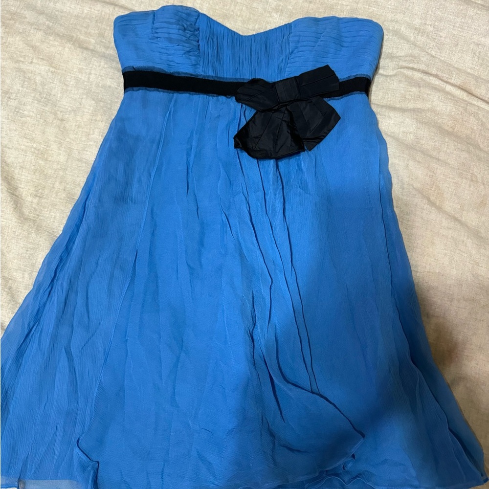 BCBGMaxAzria Strapless Royal Blue Chiffon Dress with Black Waist Bow